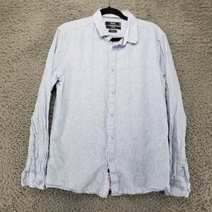 Indigo Shirt Mens Medium Blue Linen Blend Button Up Long Sleeve Collared